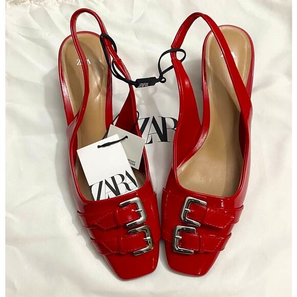 ZARA Red Patent Slingback Heels NWT | Double Buckle | Blogger Fave - Picture 5 of 16